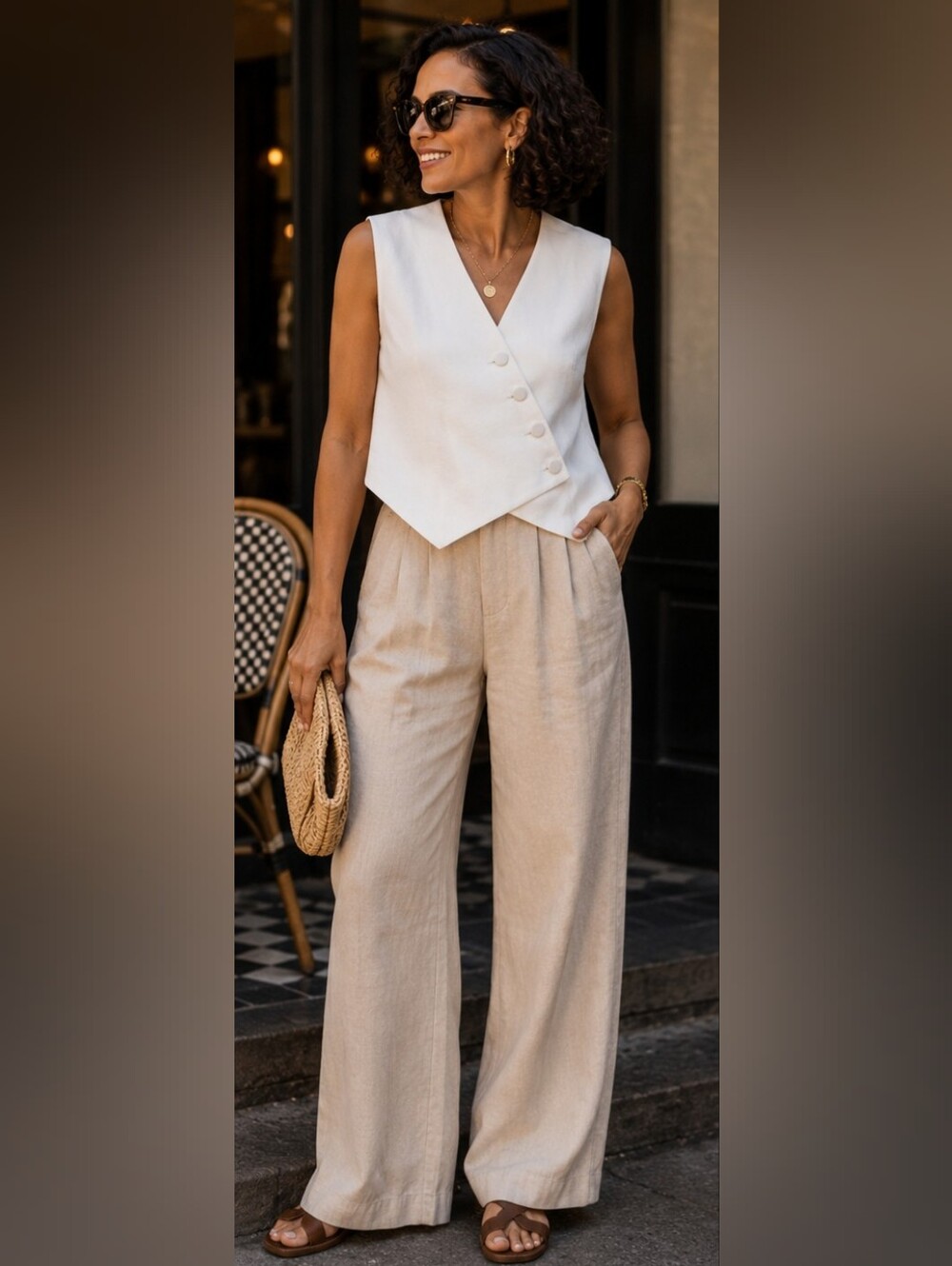 Eloquii Ivory Sleeveless Wrap Vest with Diagonal Button Detail